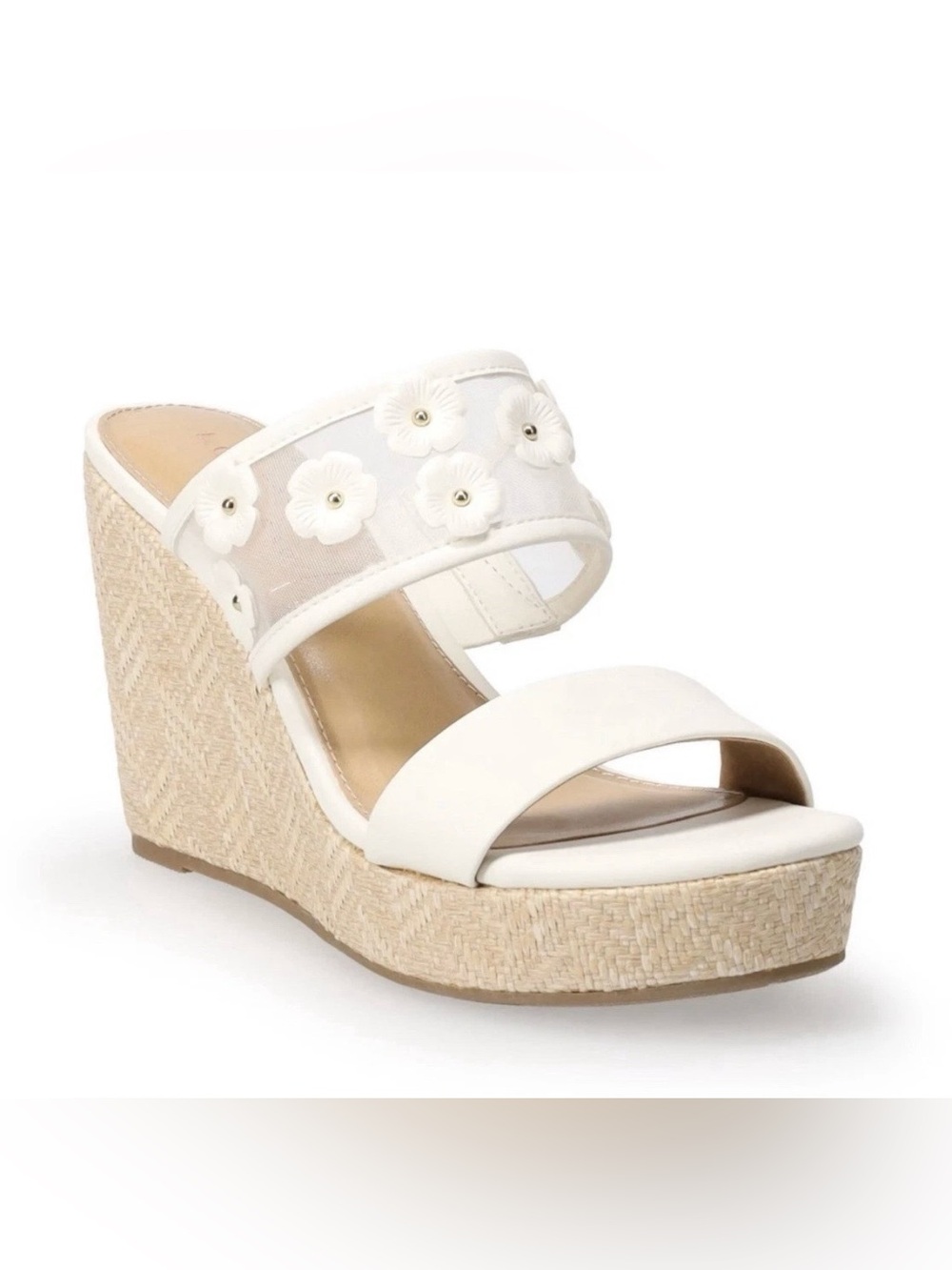 White Floral Mesh Espadrille Wedge Sandals